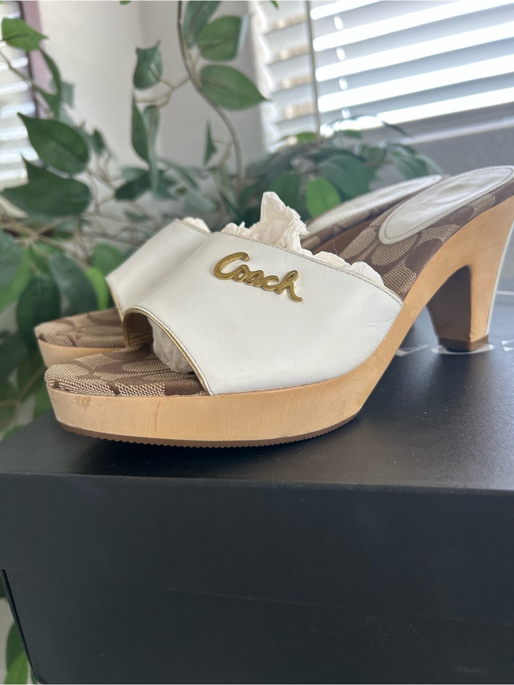 Coach White Leather and Brown Signature Logo Block Heel Mules - Picture 3 of 6